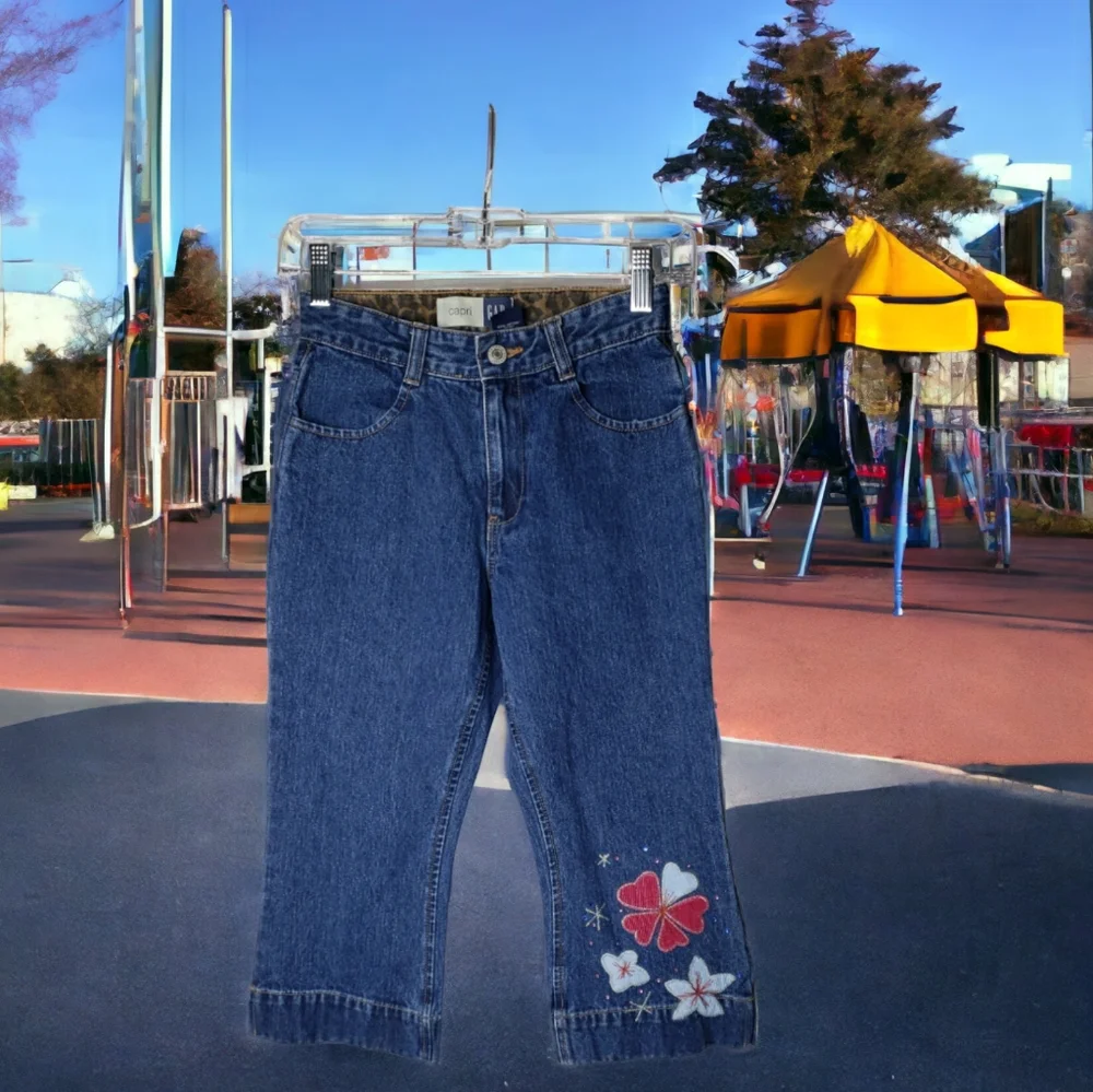 Vintage Gap Kids Cotton Applique Embroidered Bling Girls Denim Capri Jeans Sz 10